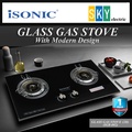 Isonic IGB-002 Dapur Gas 2 Burner Kaca Tempered Hitam, Pembersihan Mudah dan Aman untuk Masakan Rumah