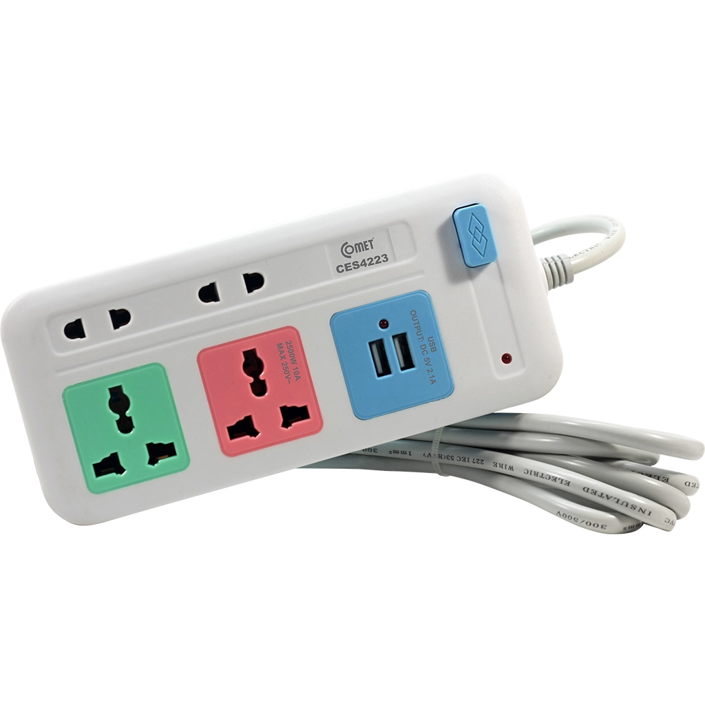 Ổ cắm điện Comet CES4223 - 4 lỗ, 2 USB, dây dài 3m, màu trắng xanh