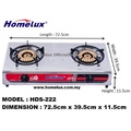 HOMELUX HDS-222 Double Gas Stove - Stainless Steel Top, Brass Burners, 719mm x 386mm x 115mm