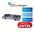 Morgan MGS-8312G Gas Stove - Dapur Hitam 720mm x 380mm x 102mm, 2 Burner Black Brass, Tempered Glass Top