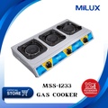 Milux MSS-1233 Gas Stove Dapur 715mm x 390mm x 95mm, 3 Burner Cyclone, Stainless Steel