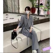 Plus Size S-4XL Suit Long Pants Women Slit High Waist Korean Style