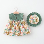 Summer Girls New Dress Children's Clothing Fashion Floral Sleeveless Skirt for Girls from 9 Months to 3 Years + Hat