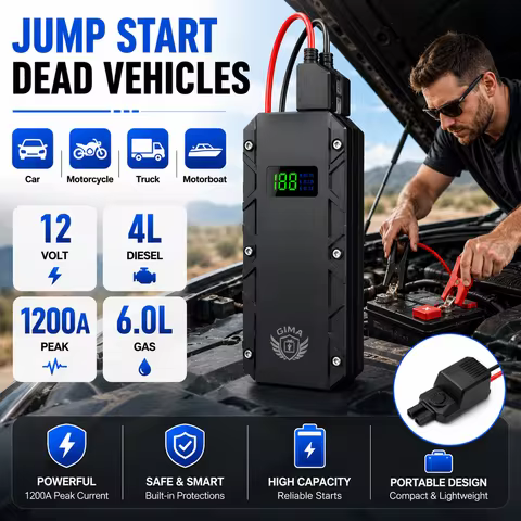 1200A Peak Car Jump Starter 12000mA Portable Power Bank with LED Flashlight (SOS/Strobe) Power Bank