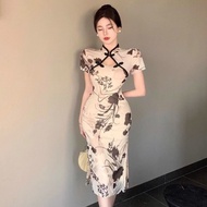 CGP01 🧧 ชุดจีน เดรสยาวแขนสั้นคอจีน ผ่าข้าง ชุดจีนโมเดิร์น แฟชั่นตรุษจีน ลายดอกไม้แบบดั้งเดิม พร้อมส่