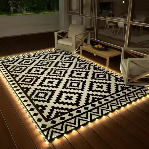 5'X8' Waterproof Outdoor Rug with LED Lights, Reversible Plastic Straw Mat for Patio, RV, Camping & 