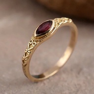 Dellon Fashion Creative Ancient Gold Pattern Ruby Ring Unique Trendy Ring 9E30