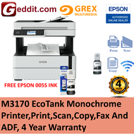 EPSON ECOTANK MONOCHROME M3170 ALL-IN-ONE PRINTER (PRINTSCANCOPYWIFIFAX AND ADF)FREE EPSON 005S INK)