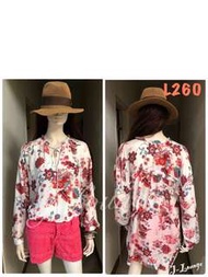 L260全新西班牙promod百花圖案寬鬆棉質觸感領綁帶襯衫shirt J-Lounge