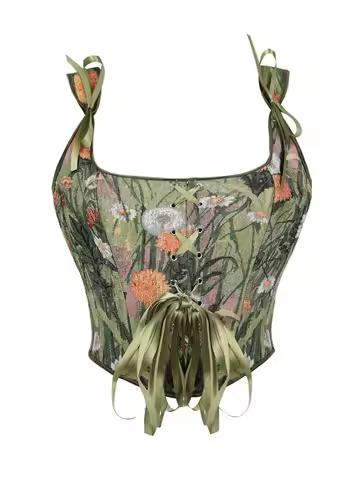 Retro court style green meadow floral jacquard halter neck tie front fitted shaping corset with tigh