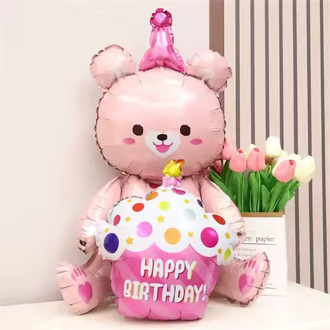 1PCS 31IN Cute Pink Bear Holding Cake Shaped Aluminum Balloon Birthday Party Decoration Aluminum Fil