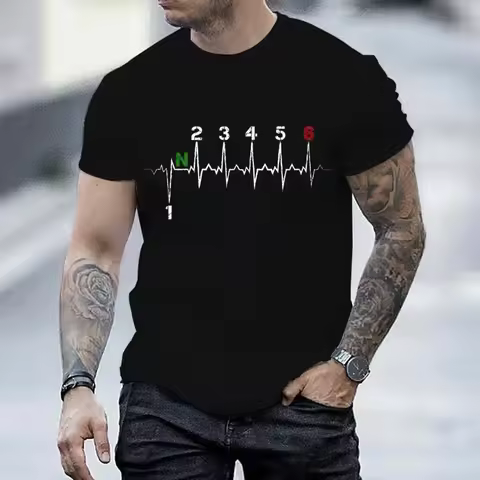 Men Brand T-shirts Motorcycle Gear Shift 1n23456 Heartbeat Ekg Pulse Print T Shirt Men Teeshirt Tshi