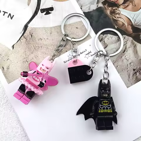 2Pcs Lego-Style Batman Couple Keychains Black & Pink Fairy Matching Keyrings for Lovers
