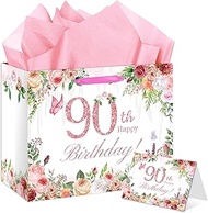 HSKMAKE Flower 90th Birthday Gift Bag for Women, Happy 90th Birthday Gift Bag with Card and Tissue P