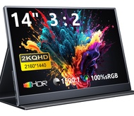 2K Portable Monitor, 14" 3:2 IPS Laptop Monitor, Dual USB C HDMI Second Computer Screen, Gaming Disp