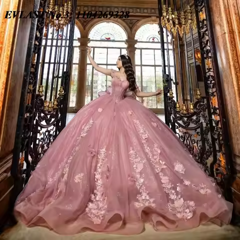 EVLAST Customized Pink Quinceanera Dress Off Shoulder Applique Floral Beading Vestidos 15 De XV Años