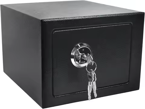 Small Steel Safe Lock Box with Key, General Home Use, 9.5 x 9 x 6.5 in (Black)