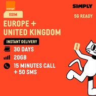 SIMPLY [eSIM] Orange-World | UK/Europe | 30 Days | Up to 20GB Local eSIM | No Registration Required