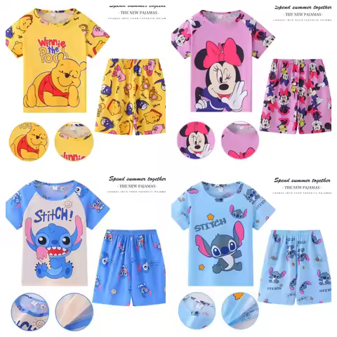 New Children Clothing Summer Winnie Bear Boys Girls Kids Clothing Sets Stitch Cartoon Suit Mikey Kid