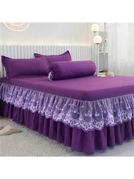 3入組床裙套裝（床裙*1 + 枕套*2,不含枕芯）,純色防滑床罩床上用品,適用於臥室和客房、可機洗