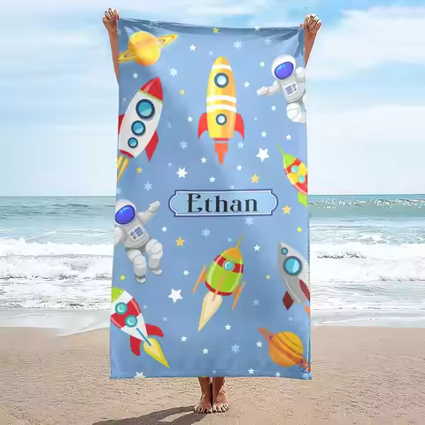 Personalized Name Astronaut Space Rocket Planet Galaxy Kids Bath Towel Sheet for Boy Shower Pool Bea