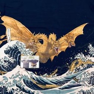 日版 王者 基多拉 三頭龍 浮世繪 純棉  海浪 深藍 短T 短袖 衣  T恤 非 哥吉拉 黑多拉 摩斯拉