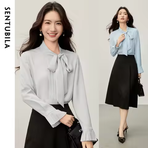 SENTUBILA Women Blouse 2026 Autumn Elegant Office Chiffon Shirt with Bow Tie Neck Ruffle Pleated Des