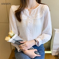 AMMIN เสื้อผู้หญิงผ้าชีฟองแขนยาวมีระบายเสื้อผู้หญิงใส่ได้ทุกโอกาสเสื้อเชิ้ตคอวีแฟชั่นสไตล์เกาหลีเรีย
