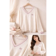 Cream pink Ribbon Bow V Neck Knitted Cotton Sweater JK Cosplay Uniform Long Sleeve plus size