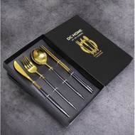 DC Home Premium Black Gold Cutlery Set Steel Knife Spoon Fork with Chopstick Set [Free Gift]