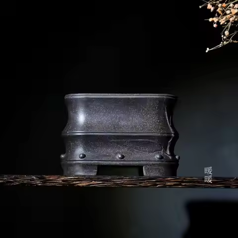 Ceramic Rectangle Bamboo Carved Flower Pot, Handmade Collection Bonsai, Garden Home Decoration