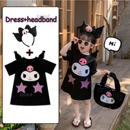 Cute Princess Kuromi Dress for Kids Girl 1 2 3 4 5 6 7 8 Years Old Round Neck Short Sleeve Cartoon Girls' Kuromi Costume Terno for Kid Girl Dresses+bag+hairband Birthday Gift