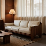 Medieval Solid Wood White Wax Wood Sofa Chinese Simple Style Solid Wood Leather Three-Person Sofa Ho