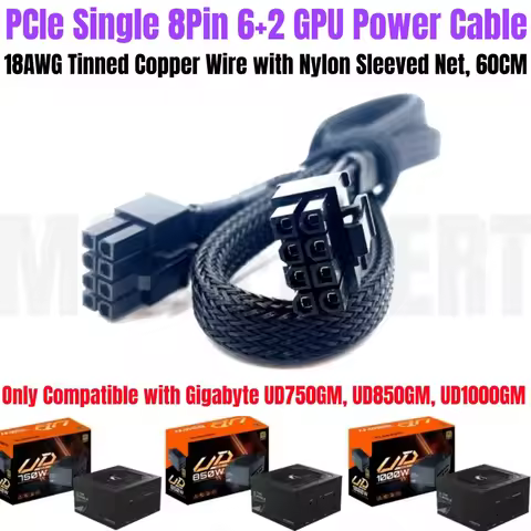 PCI-E Single 8Pin 6+2Pin GPU Power Cable for Gigabyte GP-UD750GM, GP-UD850GM, GP-UD1000GM Modular Po