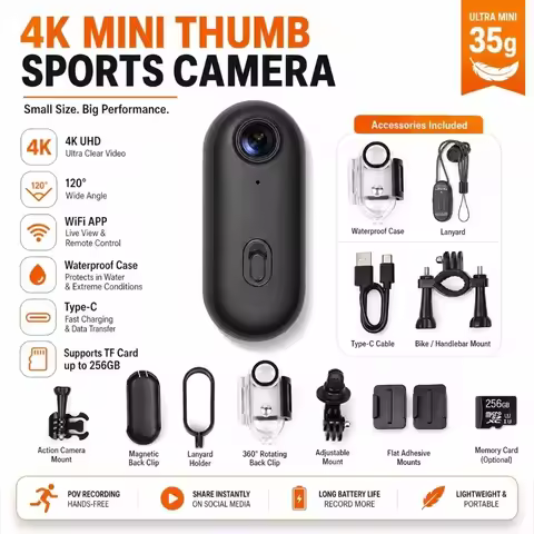 Sports Camera Thumb POV Camera 4K Mini WiFi Portable Body Cam Wearable Action Camera with Waterproof