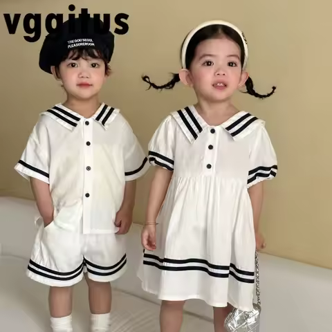 2026 New Summer Kids Outfit Navy Style Sibling Set Boys Shirt Shorts Girls Dress Brothers and Sister