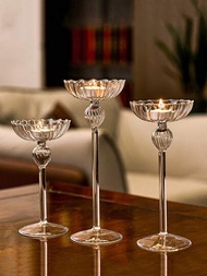 1入歐式條紋高腳透明玻璃燭台，簡約歐式室內裝飾燭台，適用於婚禮、派對、宴會、餐廳和其他場合桌面裝飾