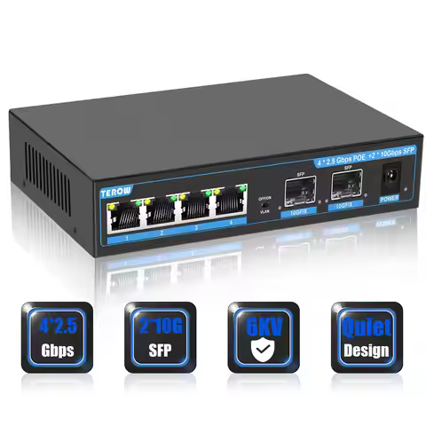 6 Port 2.5Gb Unmanaged POE Switch with 4*2.5G Base-T PoE Ports, 2*10G SFP+ Uplink 802.3af/at (PoE+) 