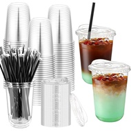 100 Set 16oz Clear Plastic Cups with Sip Lids and Straws,Disposable iced coffee cups with lids for C