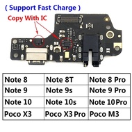 USB ชาร์จพอร์ตบอร์ด Flex Cable Connector สำหรับ Xiaomi Poco X3 M4 Pro M3 Redmi หมายเหตุ7 8 8T 9S 9 10 10S 11 Pro 4G 5G ไมโครโฟน (พร้อม IC รองรับ Fast Charge)