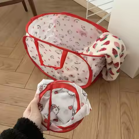 New Cartoon Kitty Mesh Laundry Basket Foldable Laundry Basket Large Capacity Handbag Breathable Stor