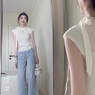 Chic Bow-Neck T-Shirt Women Ice Silk Short-Sleeve Flutter Slim Fit 2025