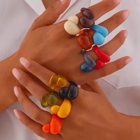 PuRui Multicolor Resin Water Drop Chunky Rings Women Boho Geometric Open Cuff Finger Rings Y2K Wed J