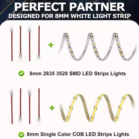 8mm 2-pin solderless LED connector, COB LED strip connector with 3.94-inch wire, and 8mm 2-pin strip