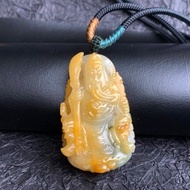 天然翡翠項鍊 蜜糖黃~關公/關聖帝君玉墬 黃翡飄花 男士項鍊附台