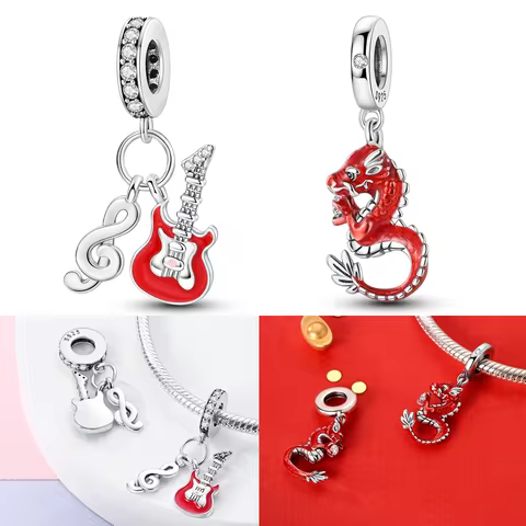 925 Sterling Silver Chinese Loong Charms Bead CZ Zircon Guitar Notes Snake Dangle Fit Original Brace