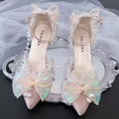 Women heels Lolita cosplay y2k heels elegant luxury heels champagne wedding bridal heels pointed toe