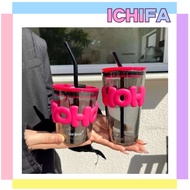 ICHIFA Glass Drinking Cup with Straw, Glass Material, Coffee Tea Cup, Hoho Blackpink, Multipurpose H