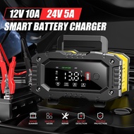Foxsur 12V 24V Smart Car Battery Charger 10A Pulse Repair Pengecas Bateri Kereta Motor AGM LiFePO4 [