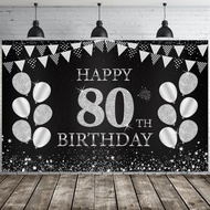 Happy 80th Birthday Party Banner Backdrop Black Silver 80th Birthday Party Decorations for Men Women